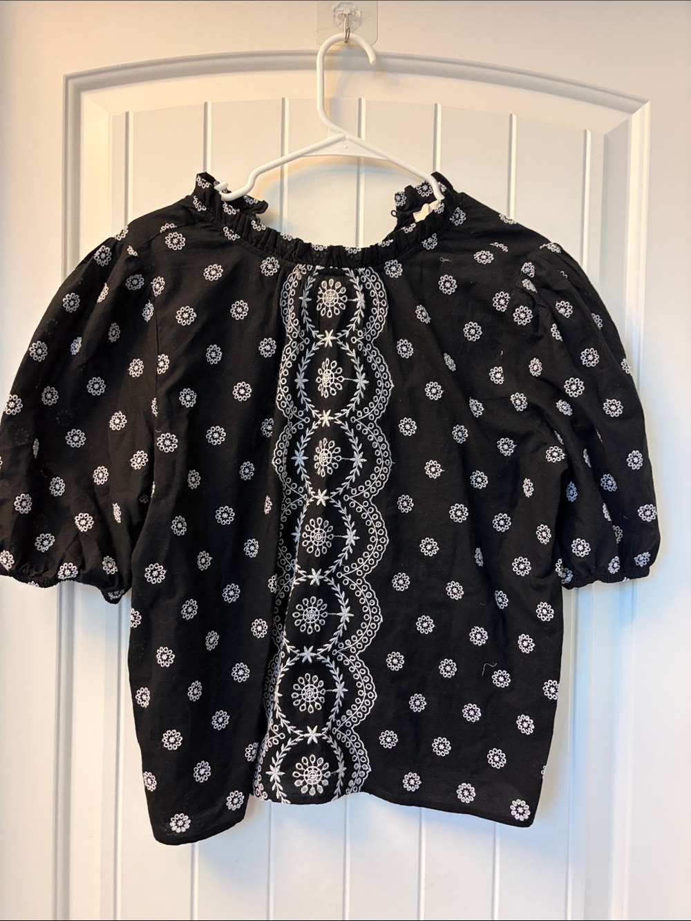 LOFT Black Puff Sleeve Embroidered Peasant Top